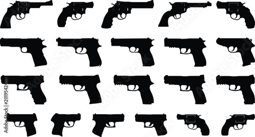 Foto Handgun silhouette collection with different pistol shapes, firearm icons and we
