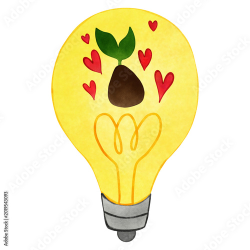 Watercolor light bulb illustration with a growing plant sprout and red hearts inside