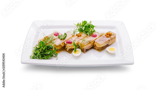 Bild auf Leinwand Gourmet meat aspic cold appetizer on white plate