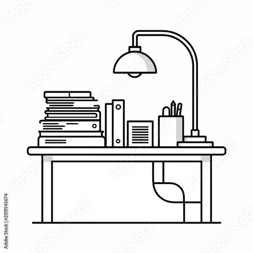 Desk with office supplies and lamp.