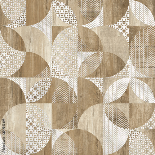Modern seamless geometric pattern with natural textures: marble, wood, stone, cement, terrazzo. Ideal for interior design, wallpaper, packaging, textiles, tiles, and parquet flooring.