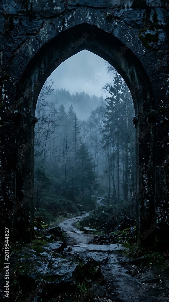 Obraz premium Gothic stone archway framing a misty pine forest, dark moody landscape with ancient ruins, mysterious foggy woodland path through a medieval gate