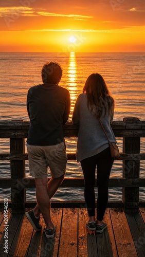 Couple Watching Sunset From Wooden Pier