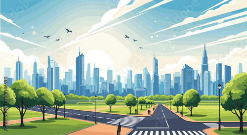 Beautiful city park features green trees and a crosswalk leading towards a modern urban skyline under a bright sunny sky.