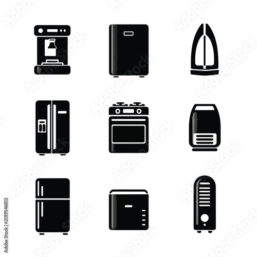 Black and white household appliances icons.