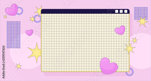 Retro Y2K grid desktop window lofi background. Cute 2000s digital UI blank. Kawaii hearts and sparkle empty space. Lo Fi art aesthetic. 2D flat wallpaper nostalgic illustration. Vector cartoon image