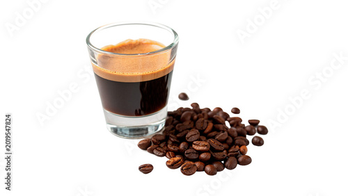 Fotografie Small glass cup of hot espresso coffee with rich crema and whole roasted beans o