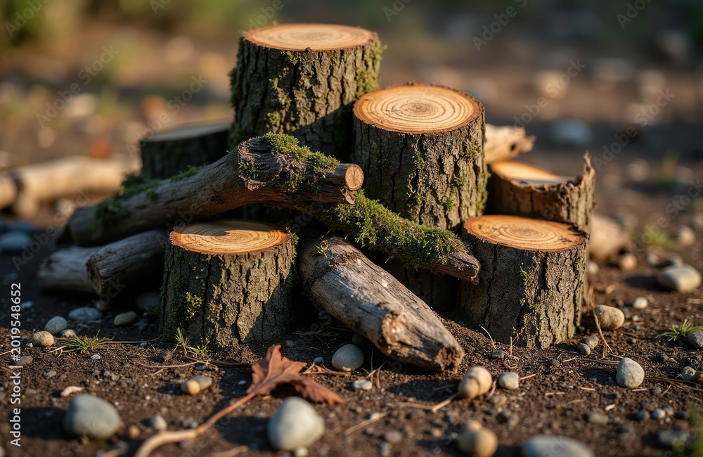 Obraz premium Cut tree trunks and branches rest on forest floor. Moss covers logs. Small rocks and dry leaf lie on dirt. Natural wood material piled up outdoors.