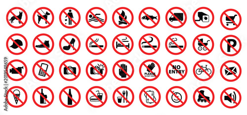 Εκτύπωση καμβά Prohibition signs array: A comprehensive array of prohibition signs against various activities, meticulously arranged, offer clear visual communication about restricted behaviors