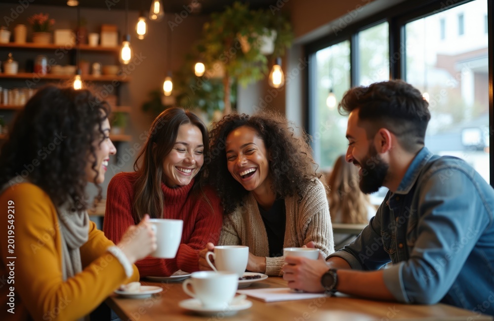 Fototapeta premium Four friends laugh together at cafe table with coffee cups. Diverse group enjoys conversation, warm atmosphere. Share stories, jokes relaxing indoors. People bond over warm drinks in cozy setting.