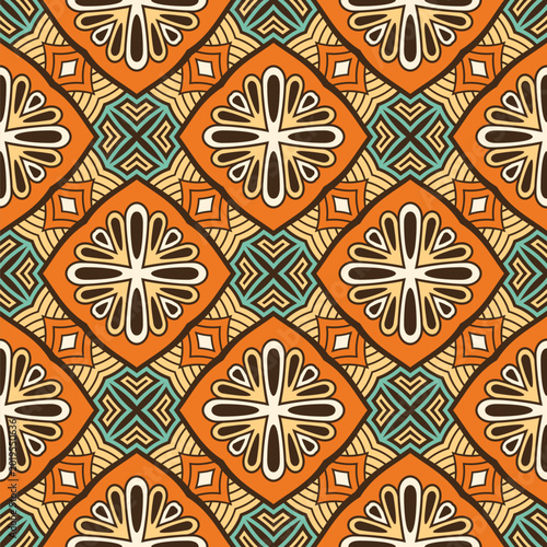 Seamless retro geometric vector color pattern. Orange diamond tiles, teal accents. Floral motifs. Vintage ornamental background inspired by mid-century and ethnic design. Vector endless background.
