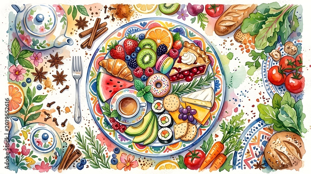 Naklejka premium Exquisite watercolor food art featuring a lavish platter of healthy fruits, sweet pastries, and savory snacks