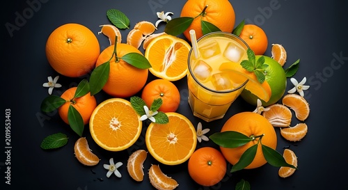 Fresh oranges and juice arranged on a dark surface for healthy nutrition