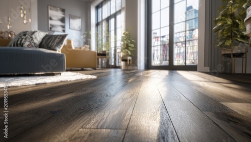 Low angle view of sunlit wooden floor in modern living room with plants