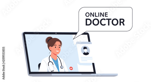 Online doctor consultation via laptop computer illustration.