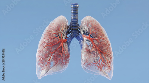Vivid three-dimensional visualization of the human lungs, illustrating the complex network of airways, arteries, and veins essential for breathing and oxygen exchange