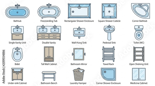 Canvastavla Collection of bathroom fixtures and furniture top view illustrations