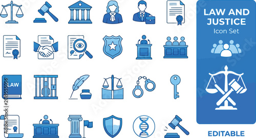 law and justice icon set blue line style