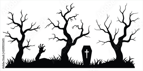 Konstfotografi Dark Halloween scene with silhouetted bare trees a coffin and a zombie hand risi