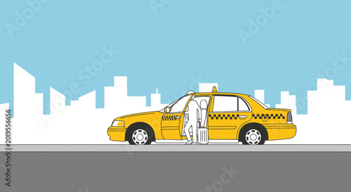 Foto Man with suitcase entering yellow taxi cab in city street with skyline