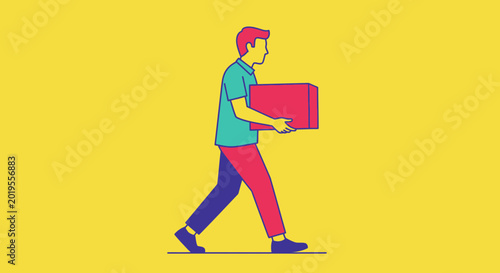 Cuadro en lienzo Man carrying a box, delivery service, logistics, courier, flat design, yellow ba