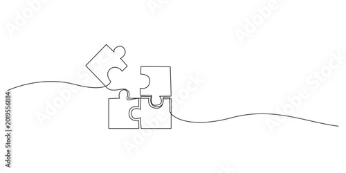 Photos Continuous single line drawing of jigsaw puzzle pieces connecting,Continuous one
