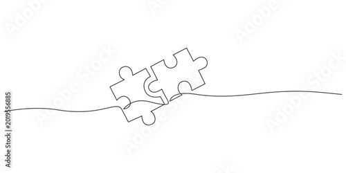 Tableau sur toile Continuous single line drawing of jigsaw puzzle pieces connecting,Continuous one