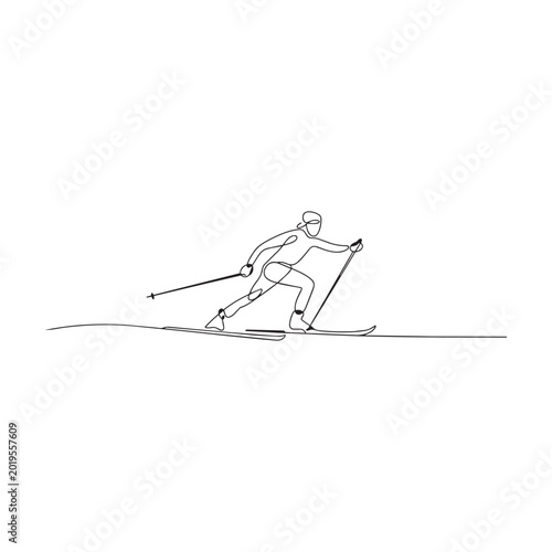 Cross country skier athlete sport icon drawn in one continuous line style for fitness.