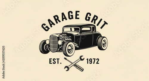Foto Vintage Hot Rod Car with Garage Grit Logo and Tools.