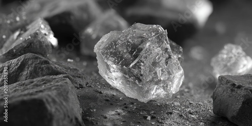 Close-up monochrome of crystalline structures and rough terrain, featuring varying textures and light