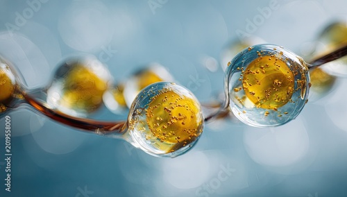 Close-up view of clear, gel-like spheres with vibrant yellow interiors and delicate blue backdrop