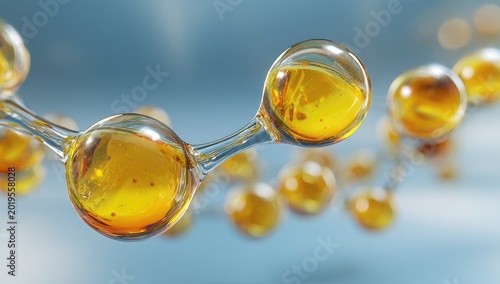 Close-up of a molecular structure, showcasing interconnected spheres with internal golden hues