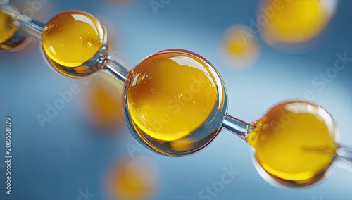 Macro shot of yellow-orange spheres connected by clear, thin tubes against a gradient backdrop