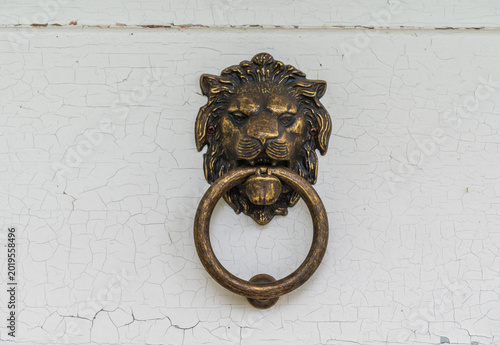 Metal door knocker with a lion`s head on an old wooden white painted door