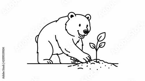 Polar bear planting a green sapling.