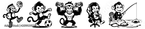 monkey various postures and activities, playing football, soccer, basketball, gym, fishing, vector silhouette