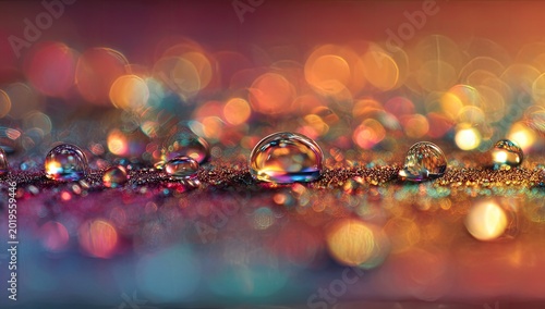 Close-up photo showing water droplets reflecting colorful bokeh lights with vibrant orange tones