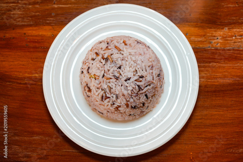 Bild auf Leinwand Mixed Grain Rice Dome on White Plate Bird Eye View, Healthy Multigrain Rice with