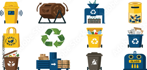 Bild auf Leinwand Zero waste recycling icons vector set with composting bin battery glass sorting