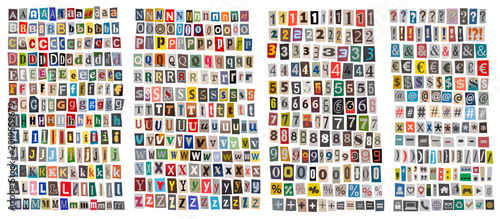 Fotografie Colorful Ransom-Style Cutout Letters, Numbers and Symbols Collage on White Backg