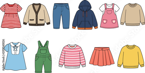 Kids clothing vector set featuring children fashion apparel like dresses cardigans hoodies overalls sweaters and skirts for school seasonal wear and retail store catalog design.