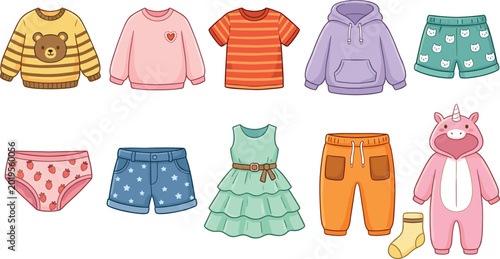 Kids clothing vector set featuring bear sweater hoodie striped t-shirt unicorn onesie tiered dress shorts and pants for children fashion retail and seasonal apparel design.