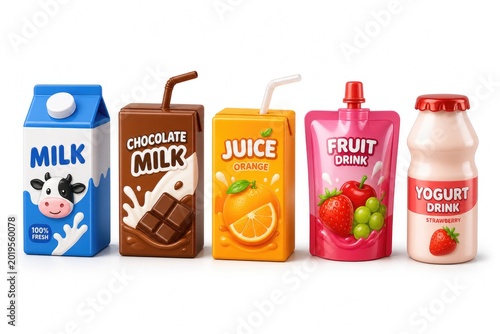 Colorful assortment of five vibrant beverage cartons and bottles including milk, chocolate milk, orange juice, fruit drink, and strawberry yogurt drink with cartoon illustrations, bright white
