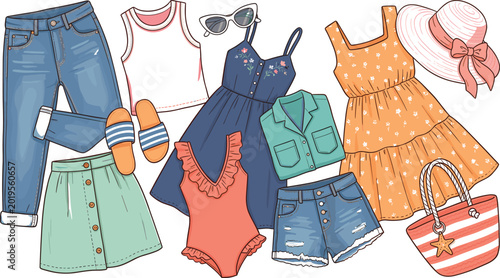 Women summer fashion clothes vector set featuring denim jeans skirt shorts sundresses tank top swimsuit hat sunglasses and striped beach bag for seasonal holiday wardrobe.