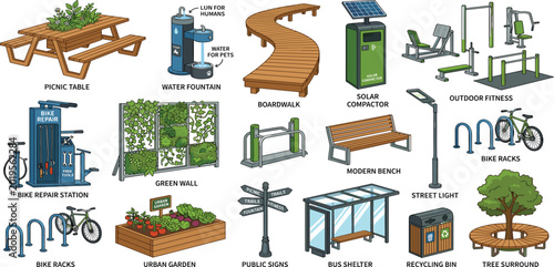 Foto Urban smart park infrastructure vector set with green wall solar compactor bike