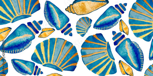 Watercolor seashell pattern with large blue shells and golden texture, summer marine background 
