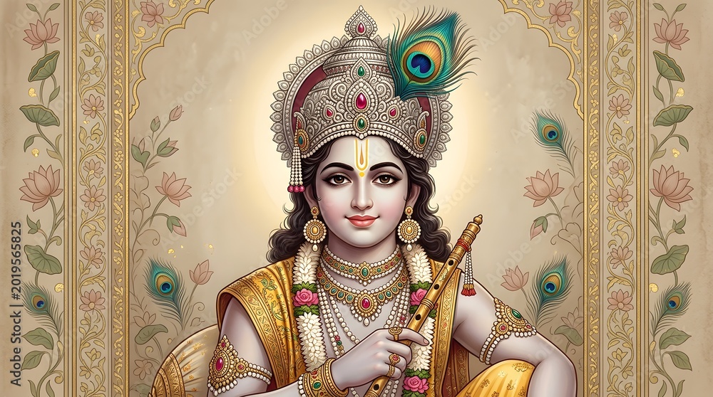 Fototapeta premium Lord krishna the divine god of hindu mythology adorned in golden attire with peacock feather crown