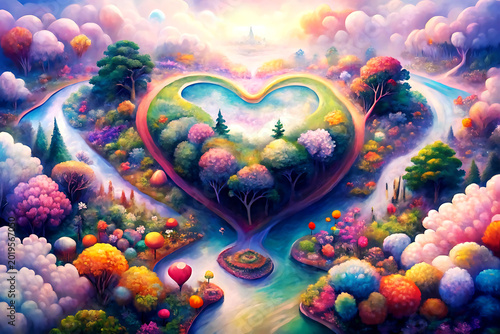 Dreamlike heart shaped landscape with rivers and vibrant colorful trees image photo vector illustration