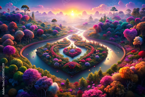Enchanting heart-shaped island with vibrant trees and a winding river at sunset fantasy vector illustration