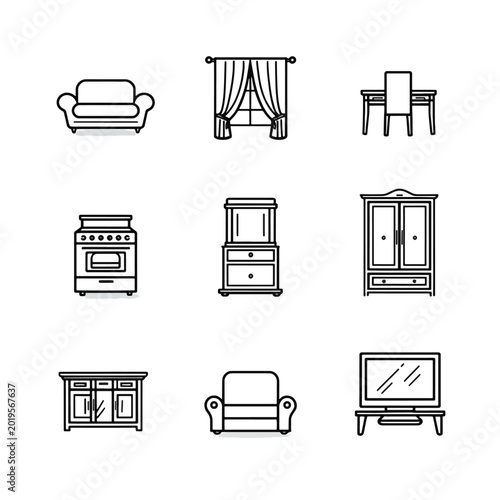 Furniture icons in a line drawing style.